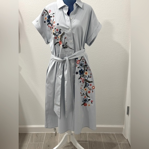 Chico's Embroidered Floral Midi Dress - Light Blue - Picture 1 of 7